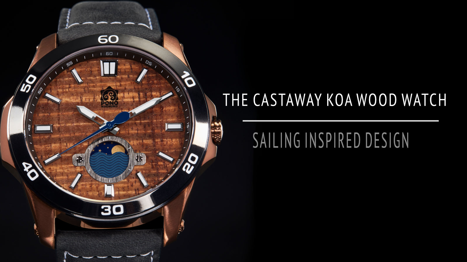 copper color watch with koa wood face black background