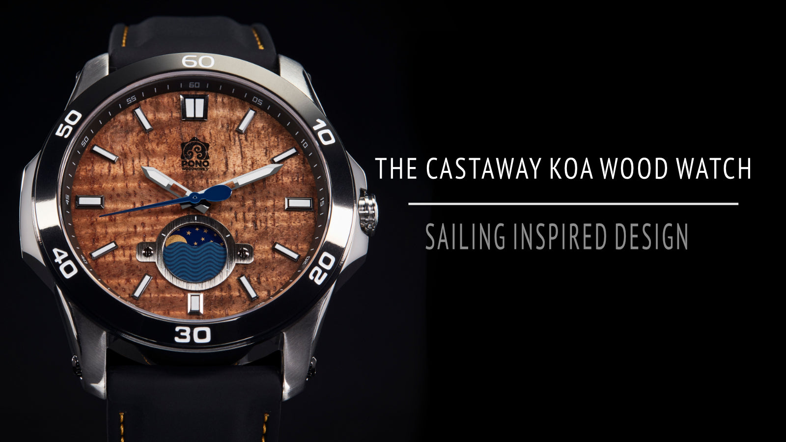 silver version castaway koa wood watch on black background