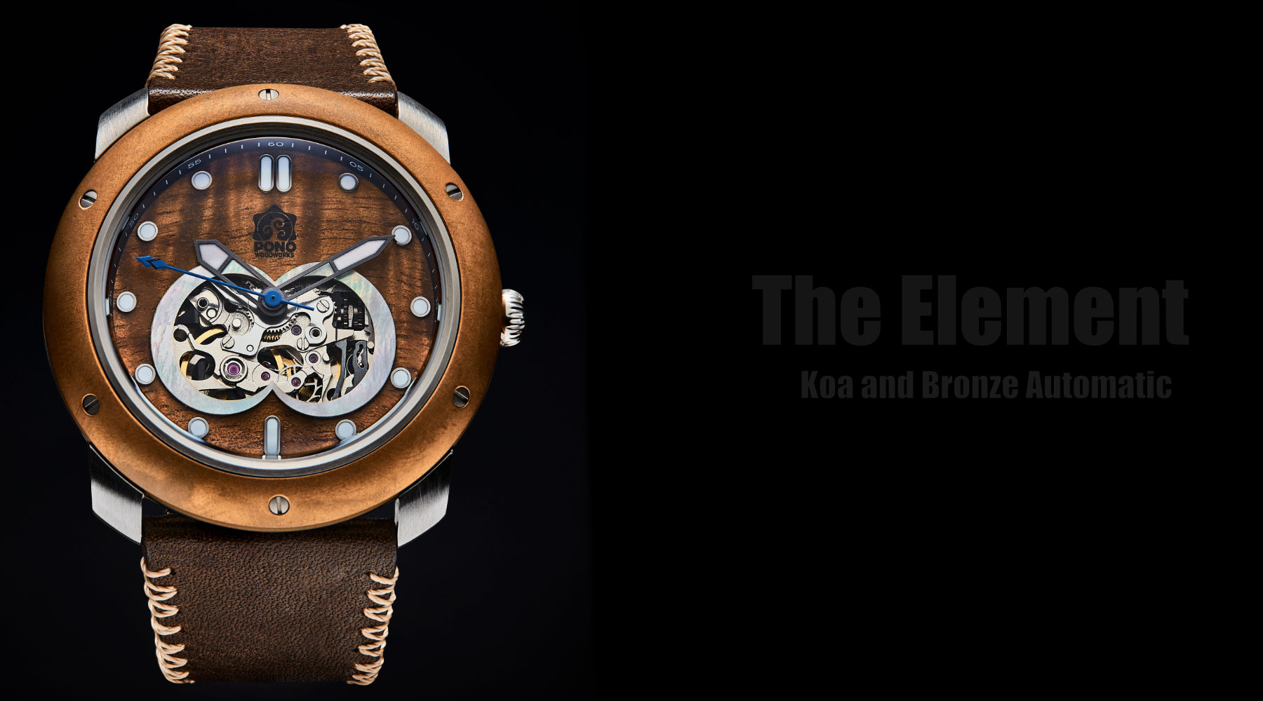 chrome Element bronze bezel koa wood watch on black background