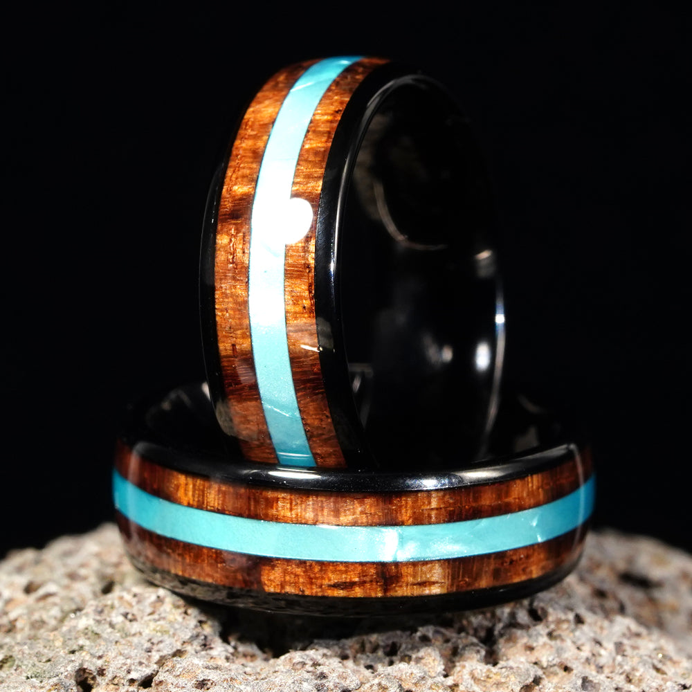 Black Tungsten, Koa Wood & Mother of Pearl Ring (8mm Wide)