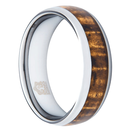 6mm wide titanium and curly koa wood inlay ring