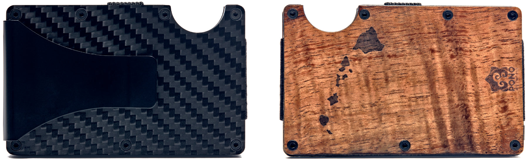 front and back view of koa wood wallet in one banner