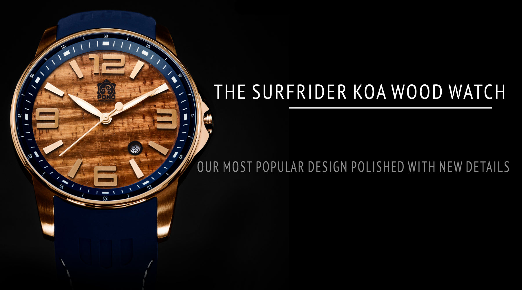 gold and blue detail version koa wood watch black background