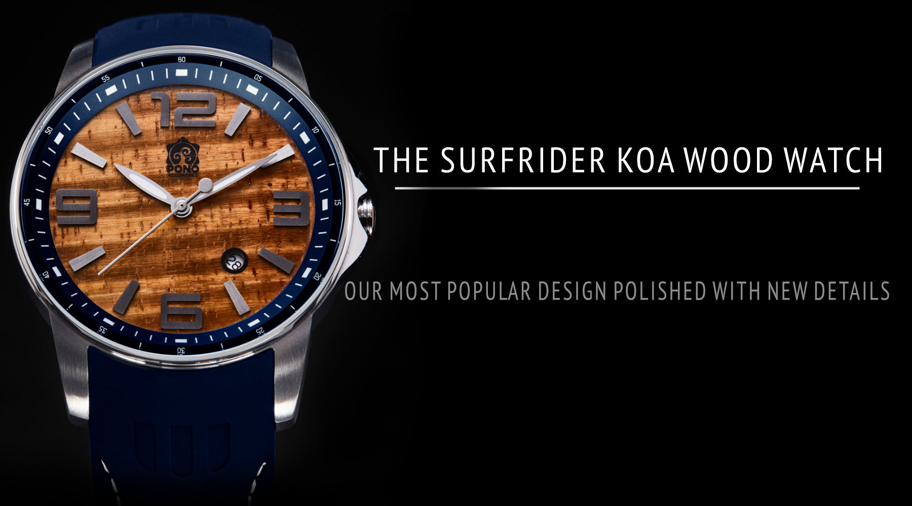 silver and blue version Surfrider Koa wood and stainless closup on black background
