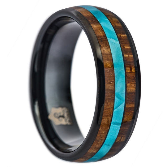 Black Tungsten, Koa Wood & Mother of Pearl Ring (8mm Wide)