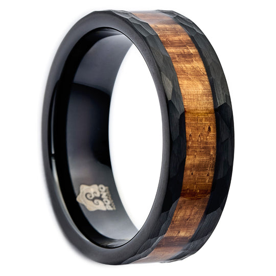 Black Tungsten Faceted Cut Koa Wood Ring (8mm Wide)