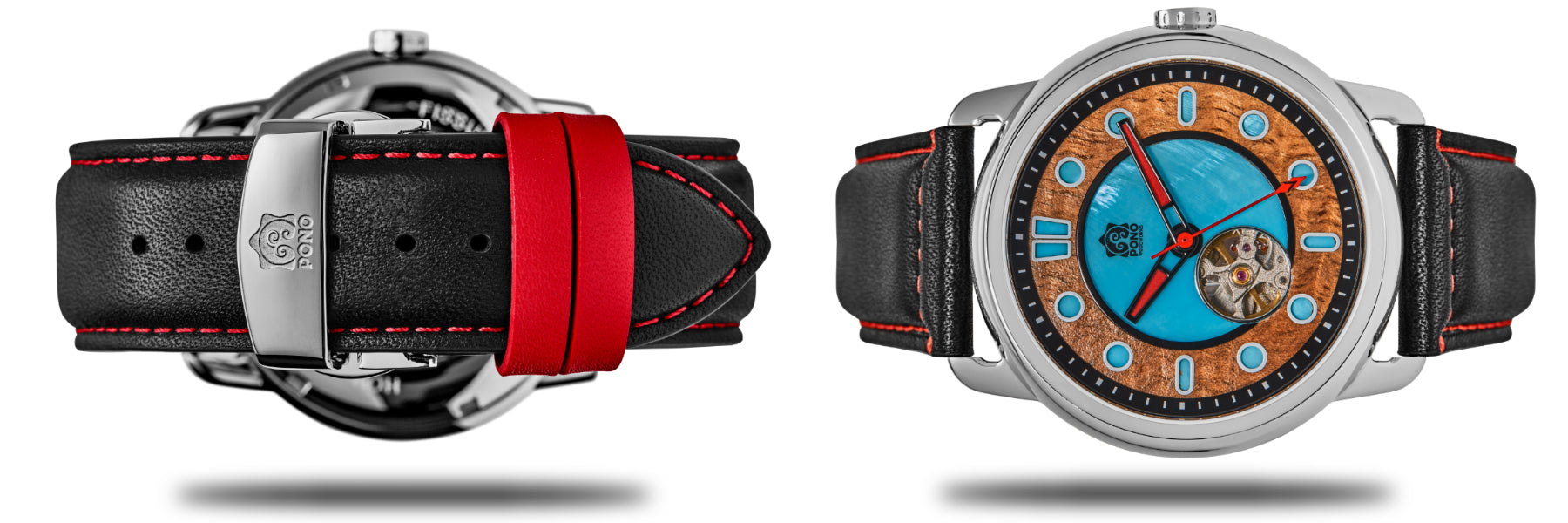 front and back view of watch horizontally hovering over shadow on one banner