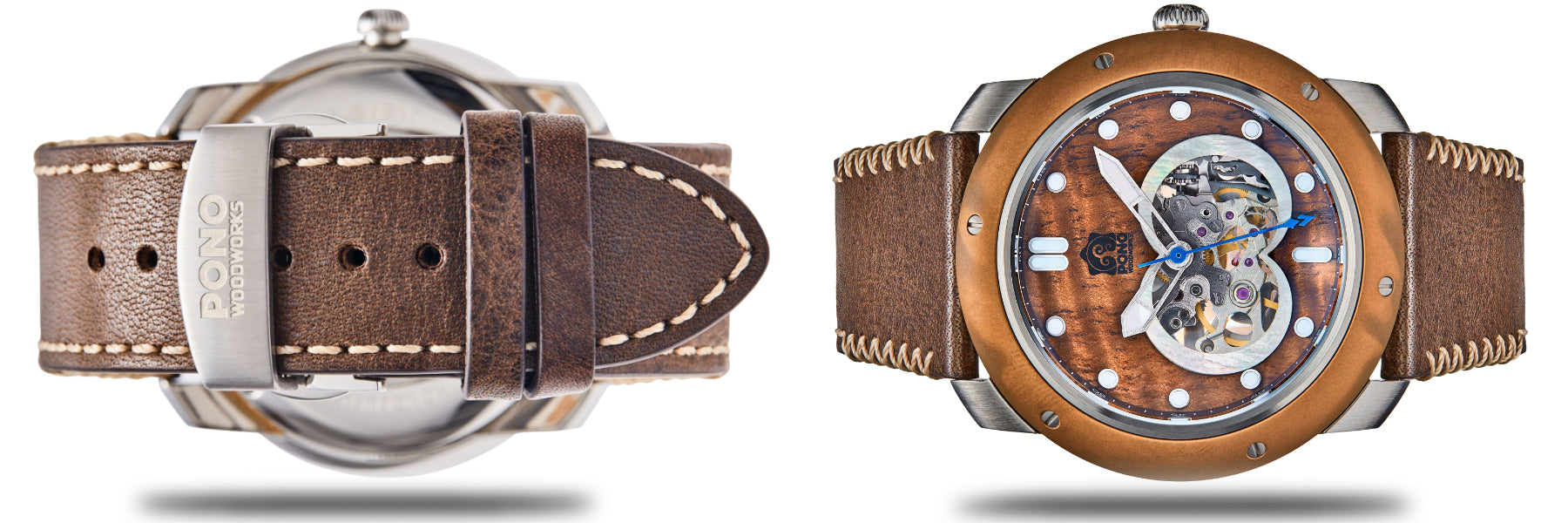 front and back view of watch horizontally oriented hovering over shadow