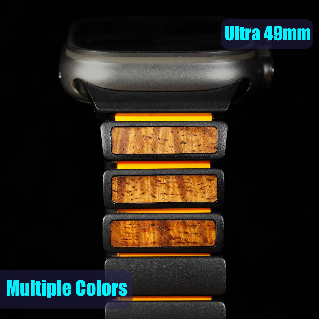 Titanium and Hawaiian koa wood Apple Watch Ultra band in black with orange accents, 49mm fit