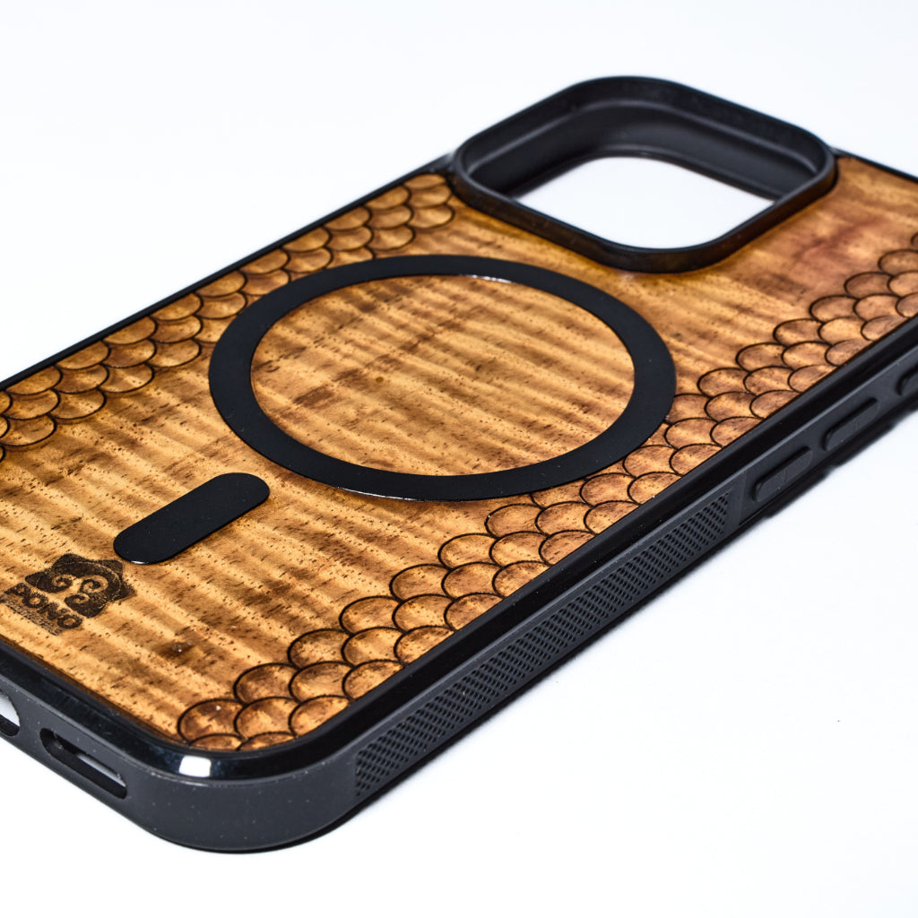 MagSafe Koa Wood iPhone Case with Koi Pattern | Pono Woodworks