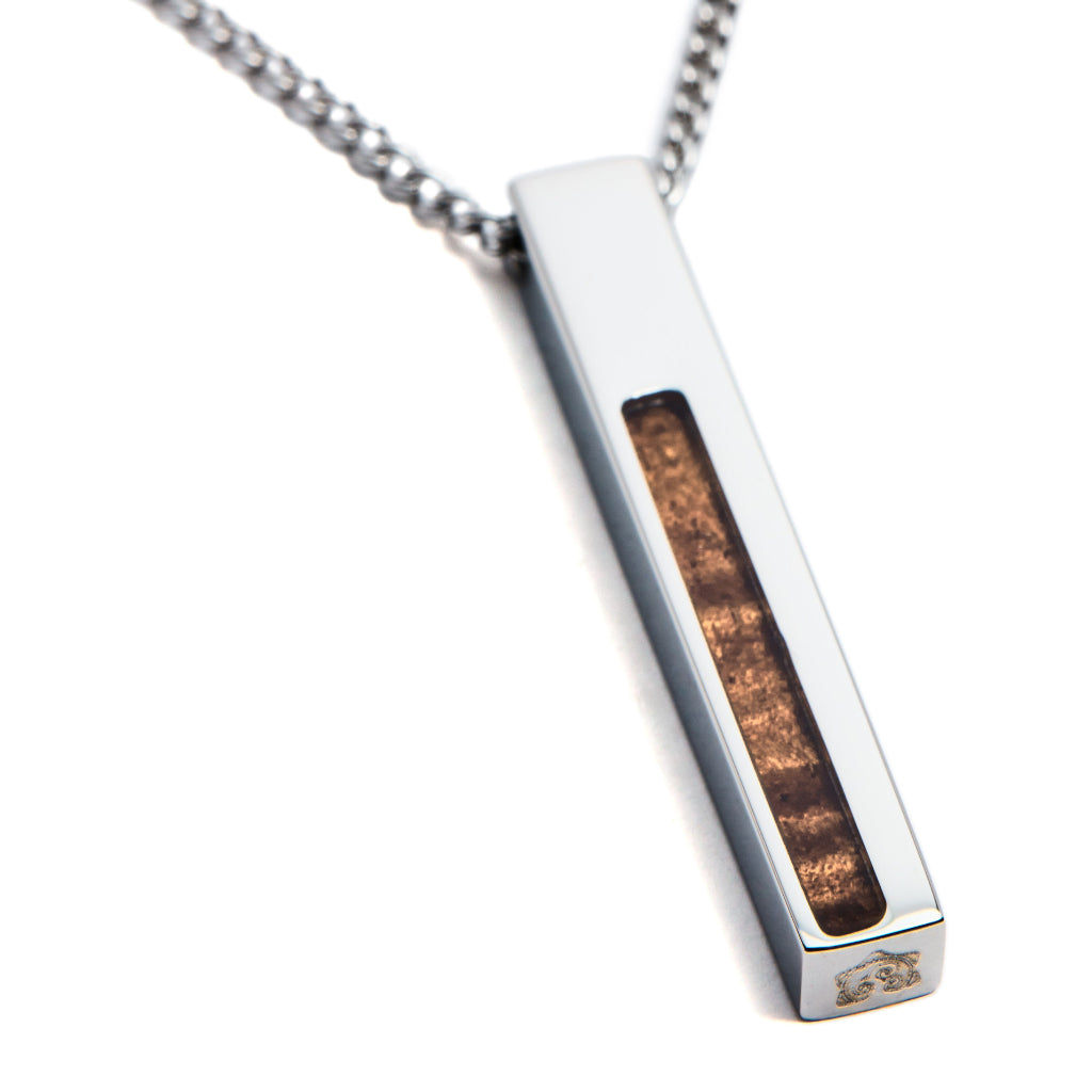 Koa "Strength" Wood Bar Pendant -Silver