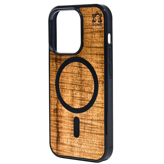 standing upright phone case with exotic super curly koa wood grain with magsafe compatible magnet inlayed into the wood