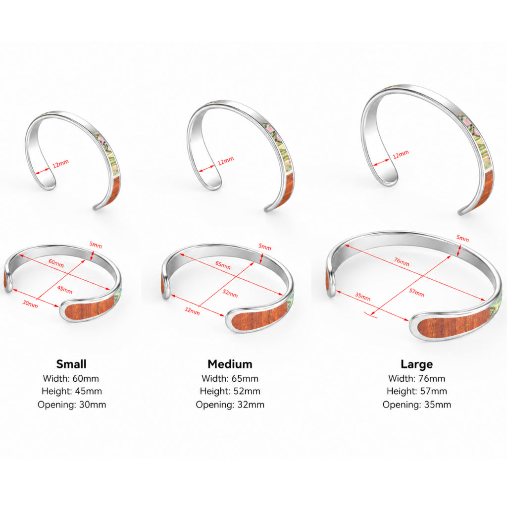 size reference for koa cuff bracelet showing dimensions