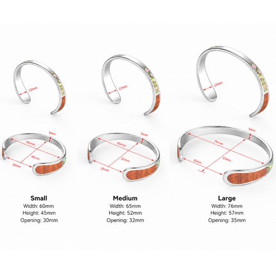 size reference for koa cuff bracelet showing dimensions