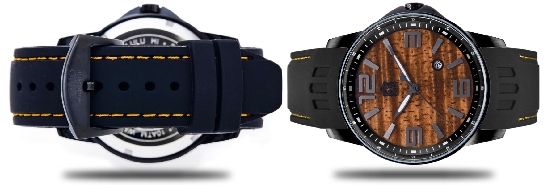 font and back view of blackout surfrider koa watch floating on side