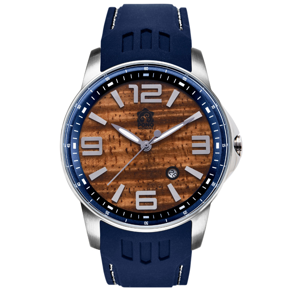 closeup showing silver and blue version Surfrider Koa wood watch highlighting design details of wave crown, surfboard shaped hands, blue silicone band