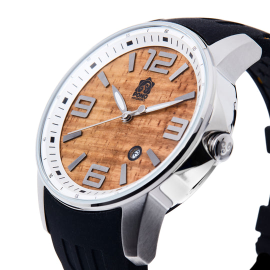 3/4 side view of koa wood inlayed face watch showing design details