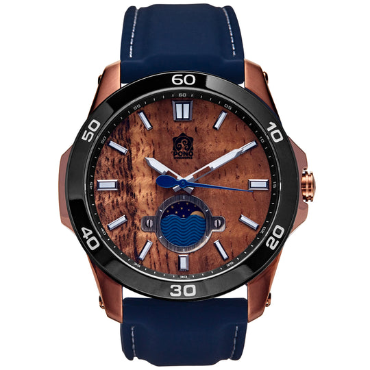 Copper body Black bezel color Castaway koa wood watch showing crown second hand and moonphase sailing design details, navy silicone band