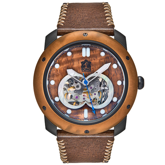front view of automatic skeleton movement koa wood watch with bronze bezel and black stainless body, brown leather band