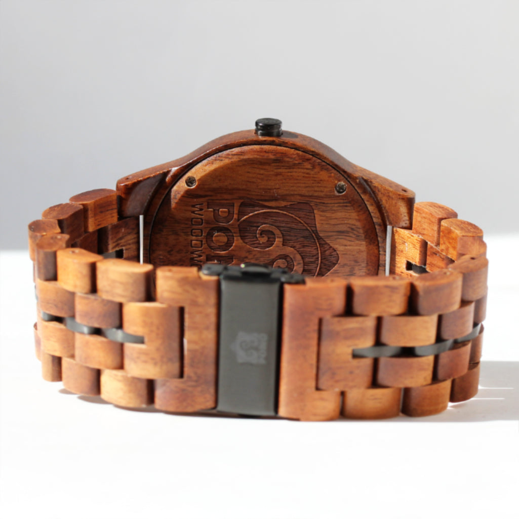 Koa Solid Wood Watch, Round, Metal Band Stringer