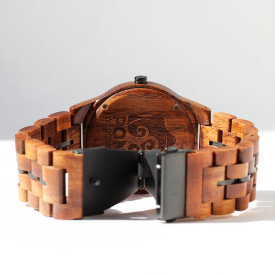 Koa Solid Wood Watch, Round, Metal Band Stringer