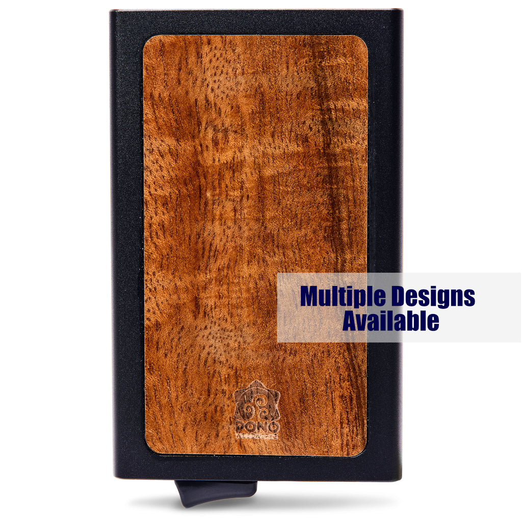 front view of inlayed curly grained koa wood on a minimalist edc wallet with pop-up, no design