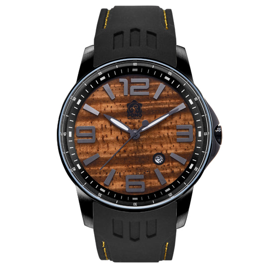 closeup showing blackout version Surfrider Koa wood watch highlighting design details of wave crown, surfboard shaped hands, black silicone band