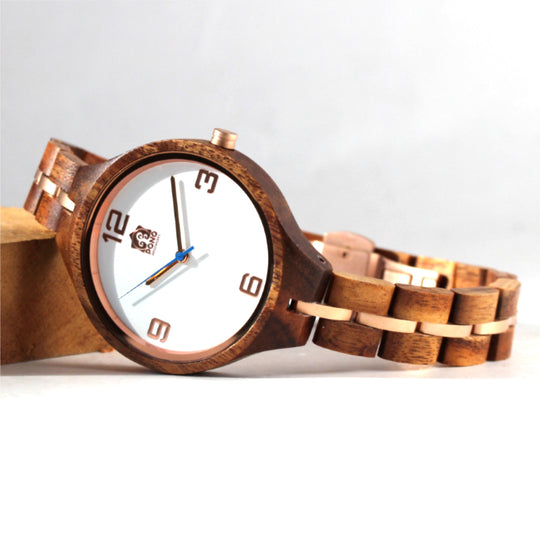 women's elegant white face solid wood watch on side