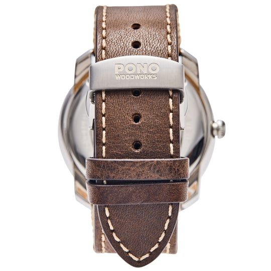 closeup of brown leather band and clasp for Element Koa wood watch