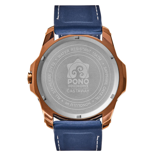 details of back of koa castaway copper watch showing logo details on watch back