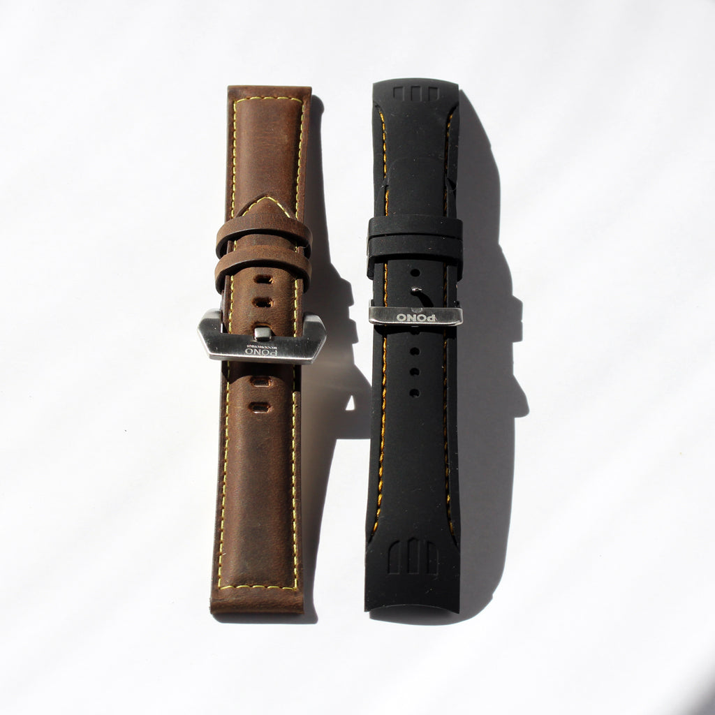 brown leather band and silicone black side by side for surfrider watch