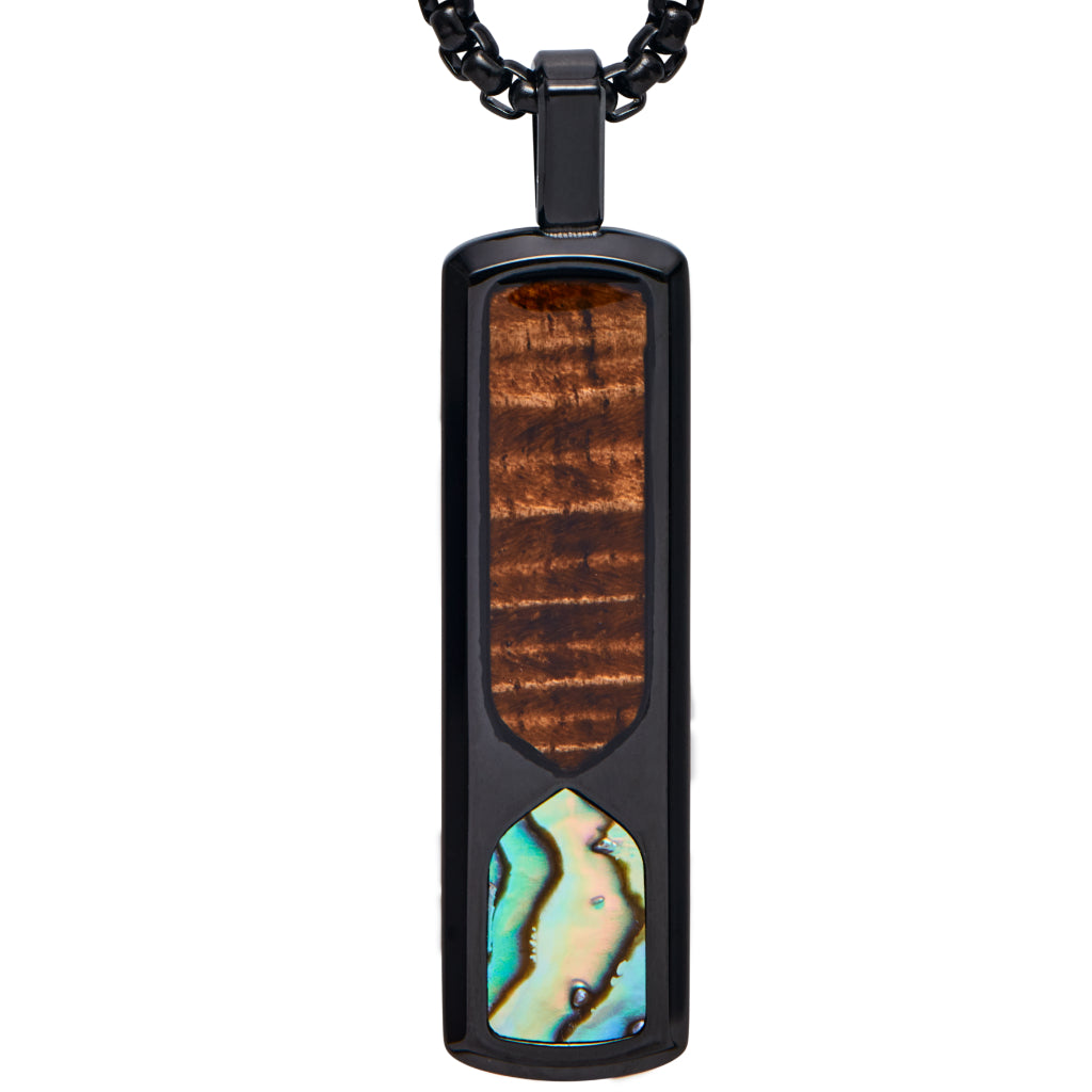 black rectangular pendant with koa wood inlay and abalone in a eternity design