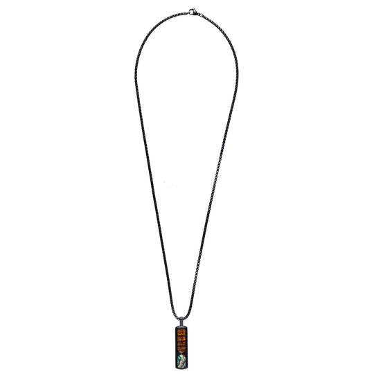 eternity koa pendant in black w/ size shown against size of the 24" chain