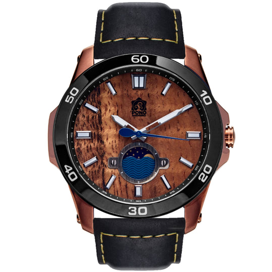 Copper body Black bezel color Castaway koa wood watch showing crown second hand and moonphase sailing design details, black leather band