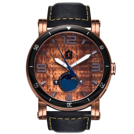 waterman Koa face watch in rose-gold stainless steel showing the design details of water design moon-phase, paddle shaped second hand, sailing winch crown, black leather band