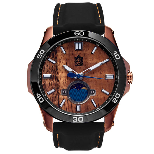 Copper body Black bezel color Castaway koa wood watch showing crown second hand and moonphase sailing design details, black silicone band
