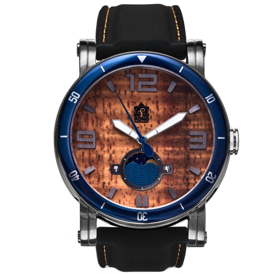 waterman Koa face watch in silver stainless steel showing the design details of water design moon-phase, paddle shaped second hand, sailing winch crown, back silicone band