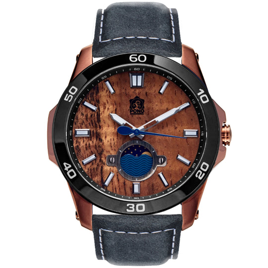 Copper body Black bezel color Castaway koa wood watch showing crown second hand and moonphase sailing design details, navy leather band