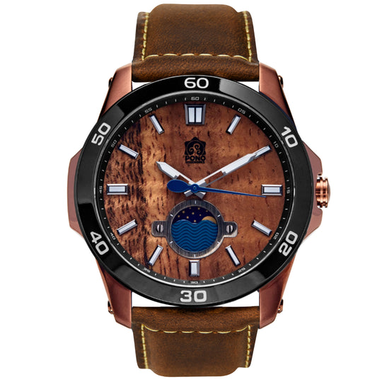 Copper body Black bezel color Castaway koa wood watch showing crown second hand and moonphase sailing design details, brown leather band