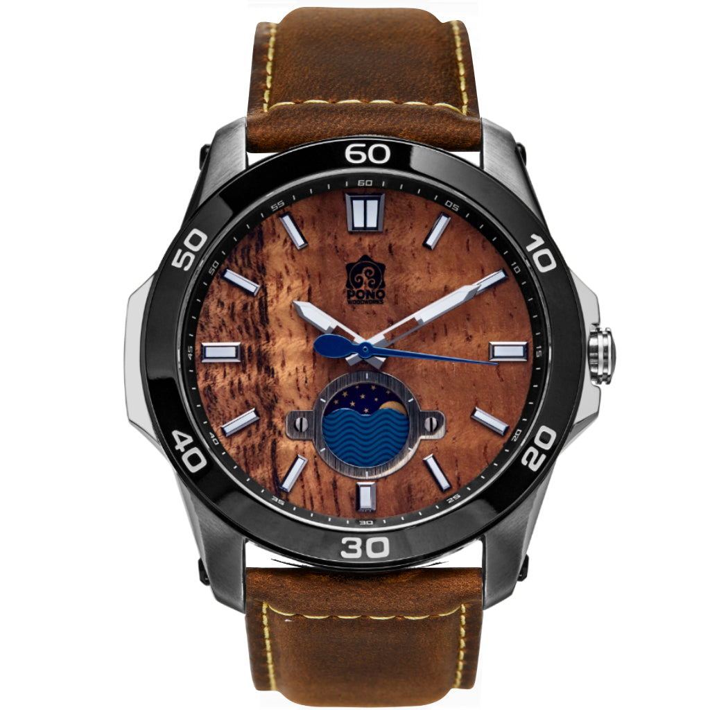 silver body castaway koa wood watch showing crown and moonphase design details, brown leather band