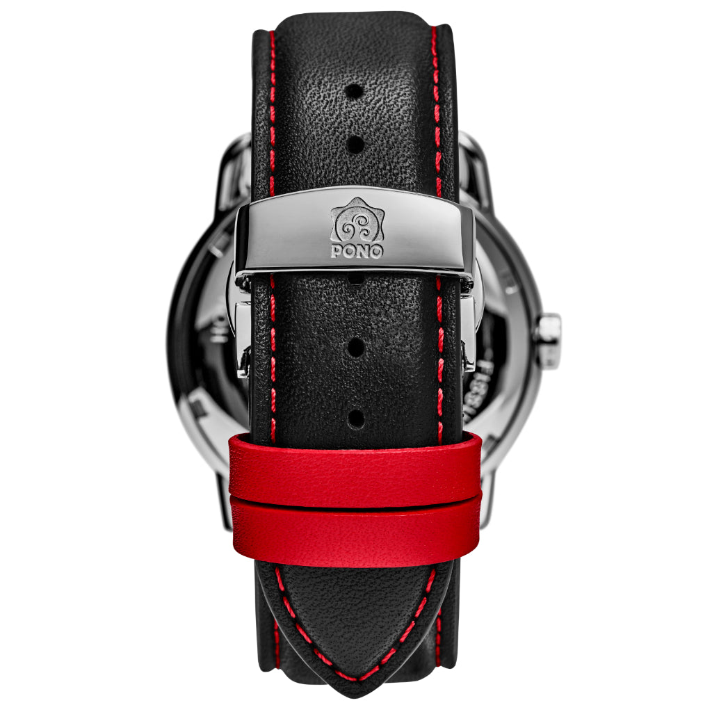 closeup of black italian leather band w/ clasp and red loops