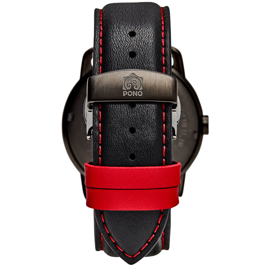 closeup of black italian leather band w clasp and red hoops