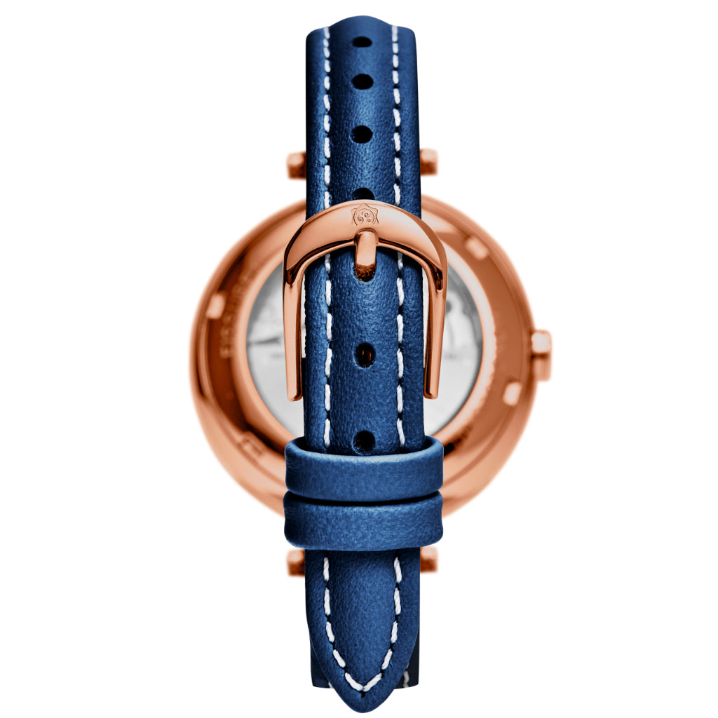 closeup of rose-gold buckle and navy blue Italian leather band