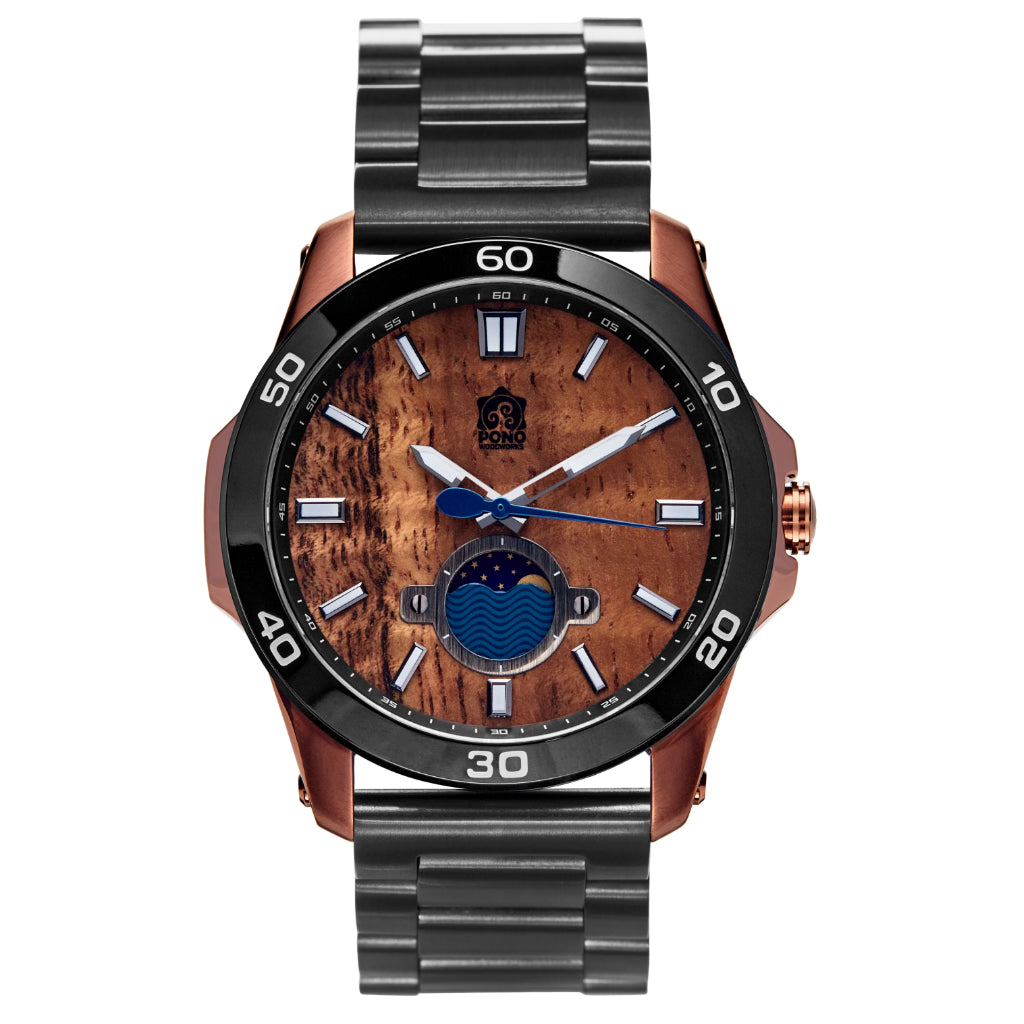Copper body Black bezel color Castaway koa wood watch showing crown second hand and moonphase sailing design details, stainless gunmetal color band