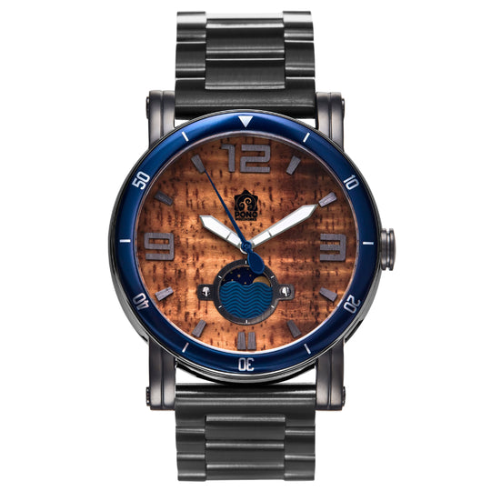 waterman Koa face watch in gunmetal stainless steel showing the design details of water design moon-phase, paddle shaped second hand, sailing winch crown, gunmetal stainless band