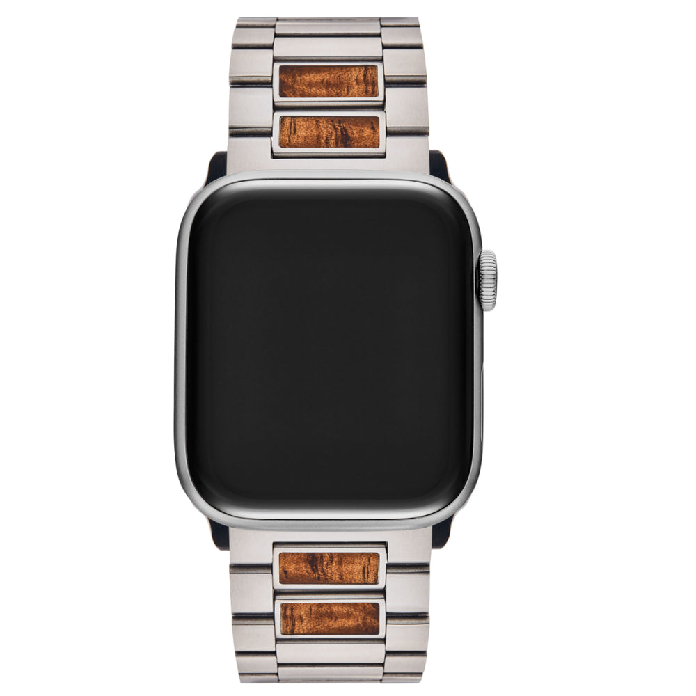 front view of koa inlay stainless steel band on a i-watch