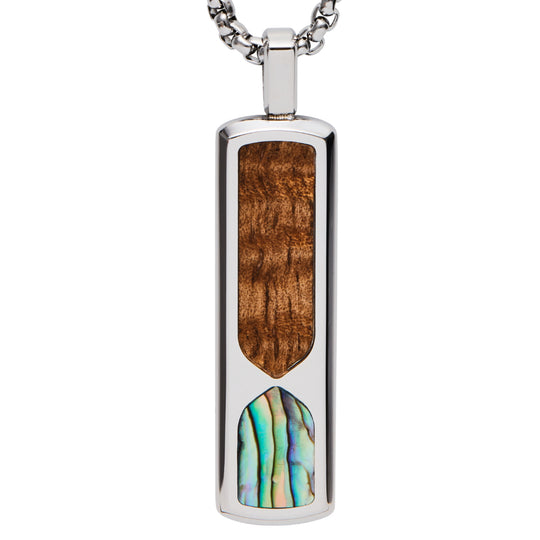 silver rectangular pendant with koa wood and abalone inlay in an infinity design