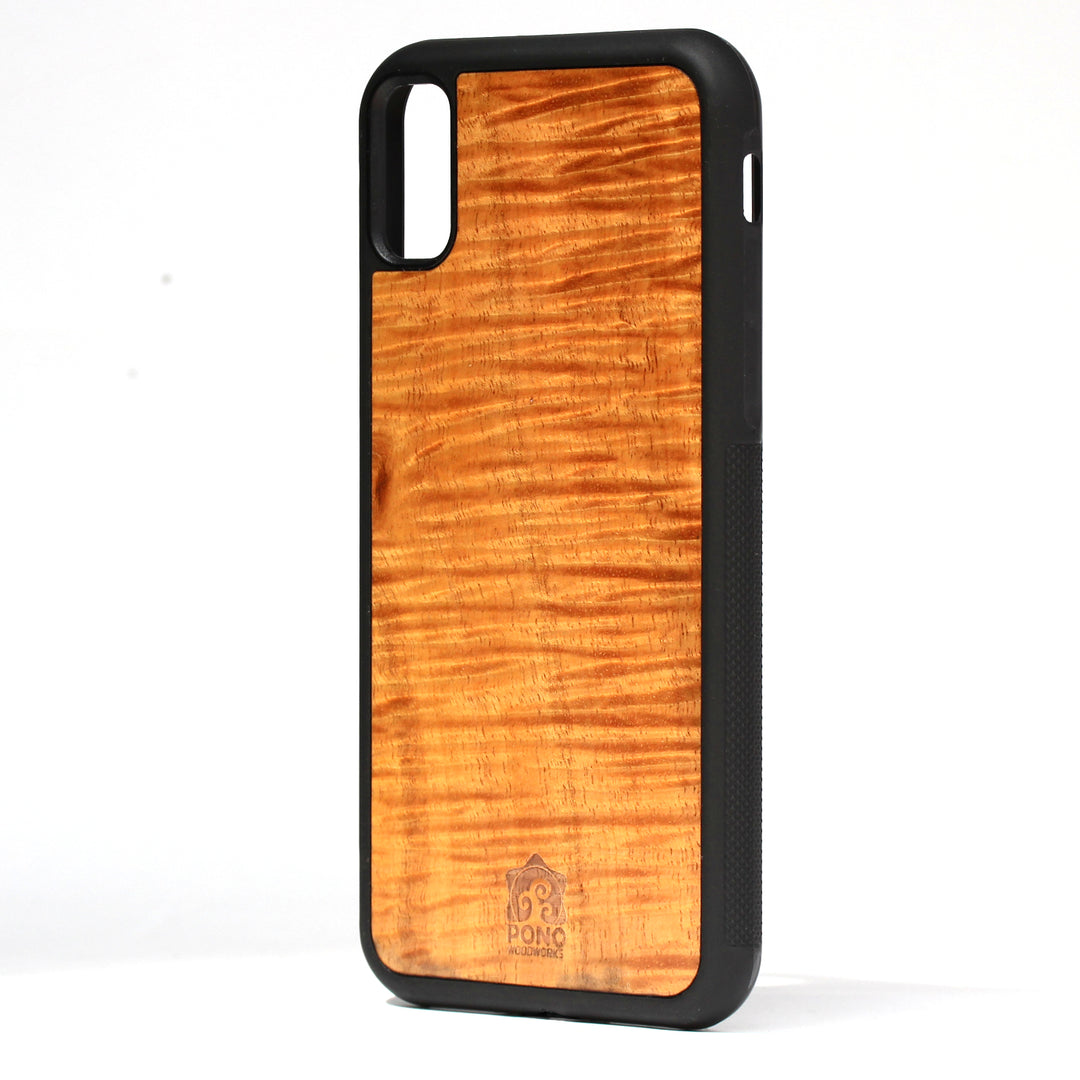 handmade amazing curly koa wood inlay phone case standing upright 