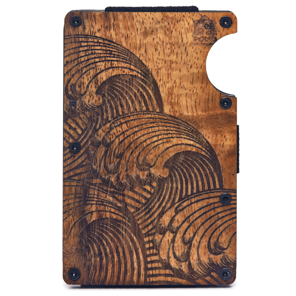 front view of curly grained koa wood face on a minimalist edc wallet, laser wave design