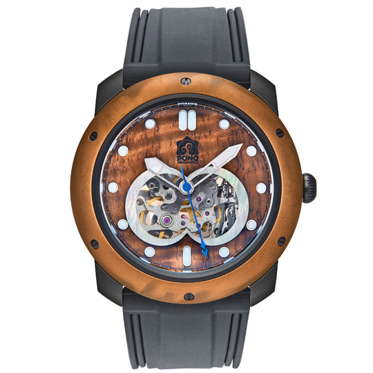 front view of automatic skeleton movement koa wood watch with bronze bezel and black stainless body, brown silicone band